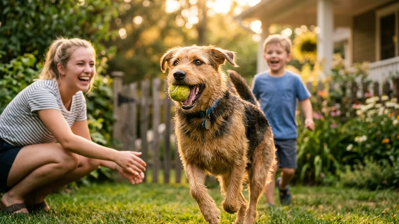 Cão adotado feliz brincando em casa, simbolizando os benefícios da adoção de animais