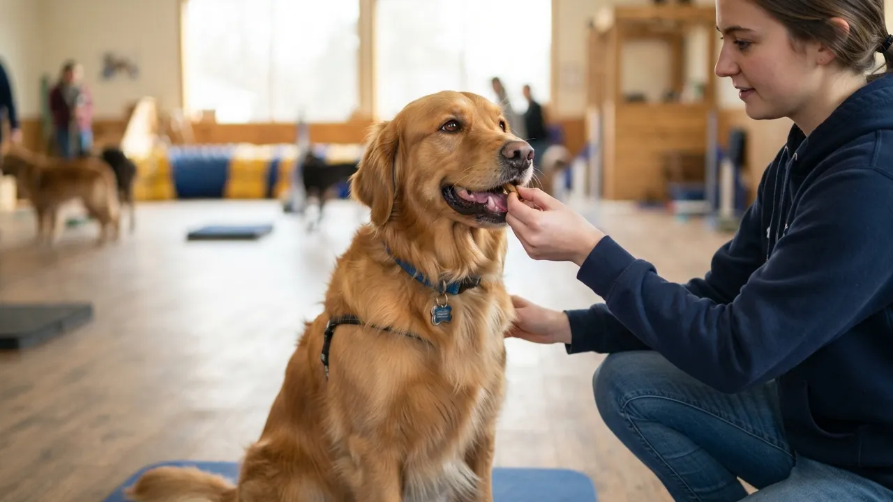 Cão recebendo recompensa durante treinamento positivo