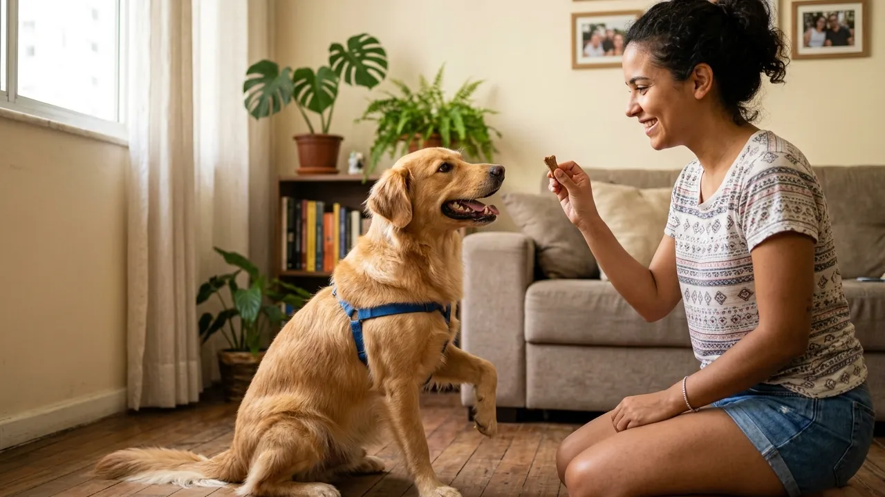 Cão praticando comandos com seu tutor em casa, mostrando a alegria e interação durante o treinamento.