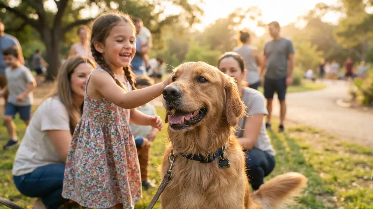 Cão feliz socializando em um parque, representando a importância da socialização canina