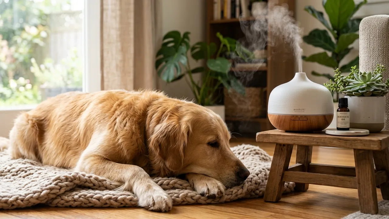 Difusor de óleos essenciais ao lado de um cão relaxando