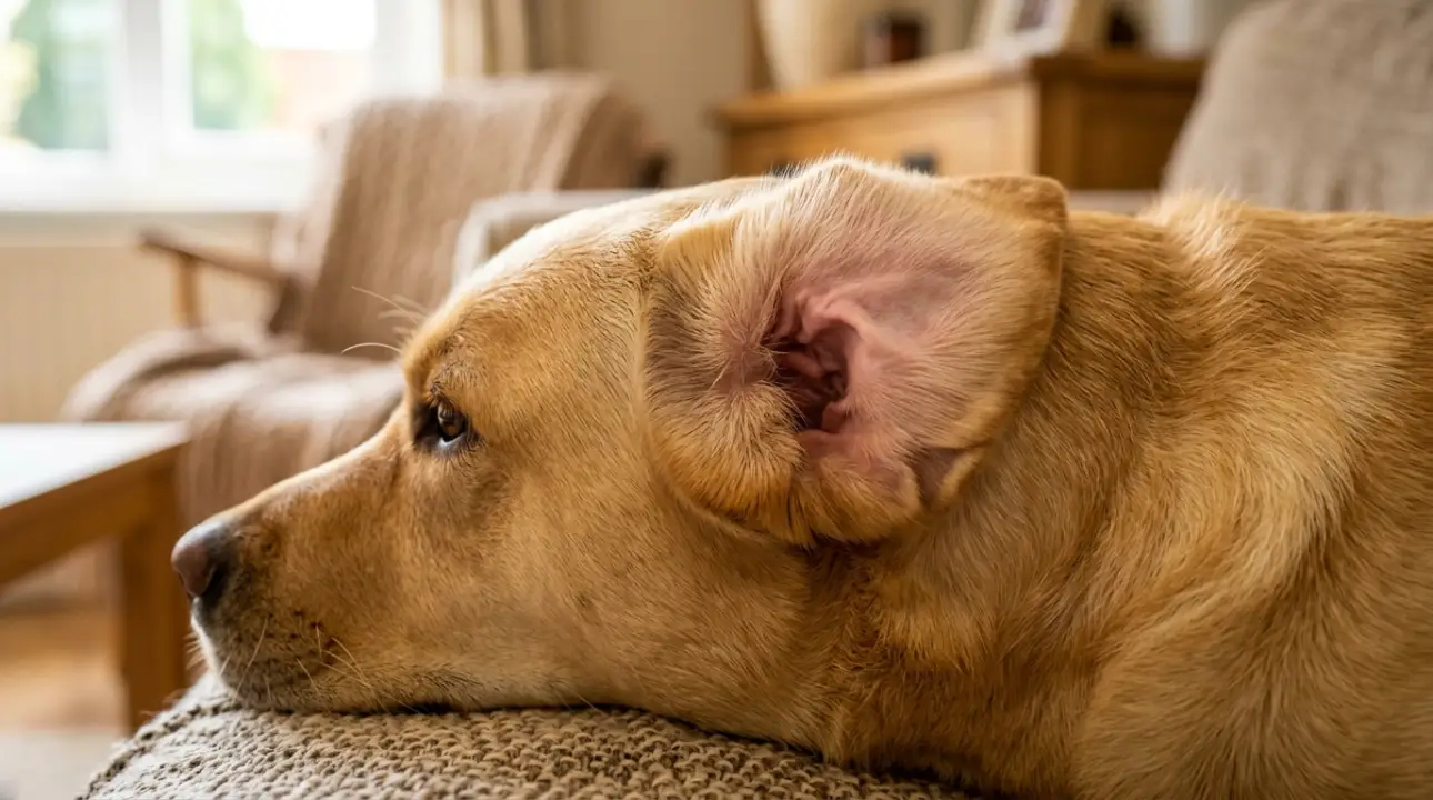 Orelha de cachorro limpa e saudável mostrando a pele interna rosada em um ambiente iluminado.