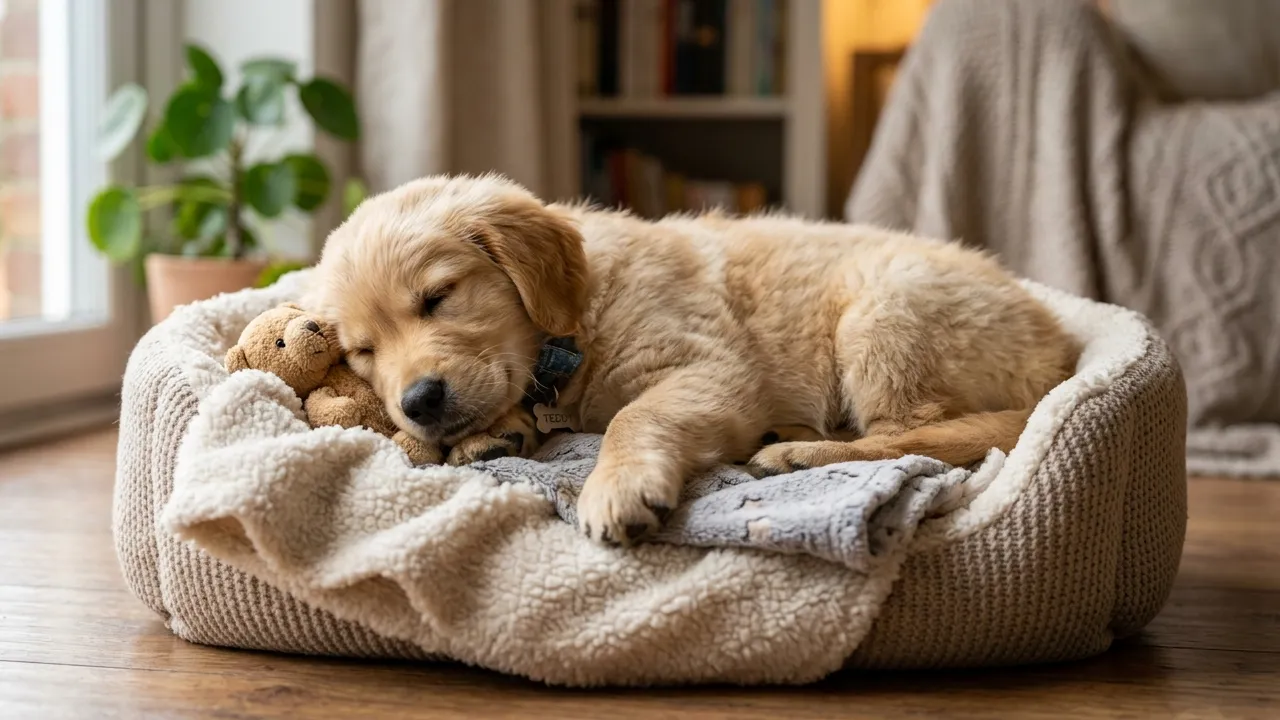 Filhote de cachorro descansando em sua caminha, mostrando a importância de um ambiente seguro e confortável.