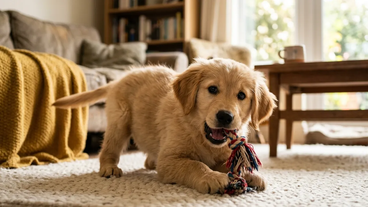 Filhote de cachorro brincando em um ambiente seguro e acolhedor, representando cuidados essenciais.