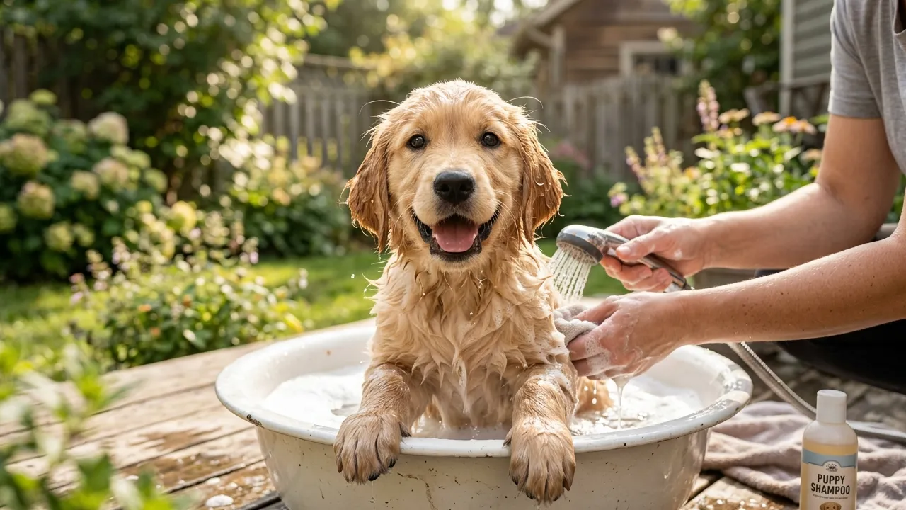 Filhote de cachorro recebendo cuidados de higiene, simbolizando a importância da saúde e bem-estar.