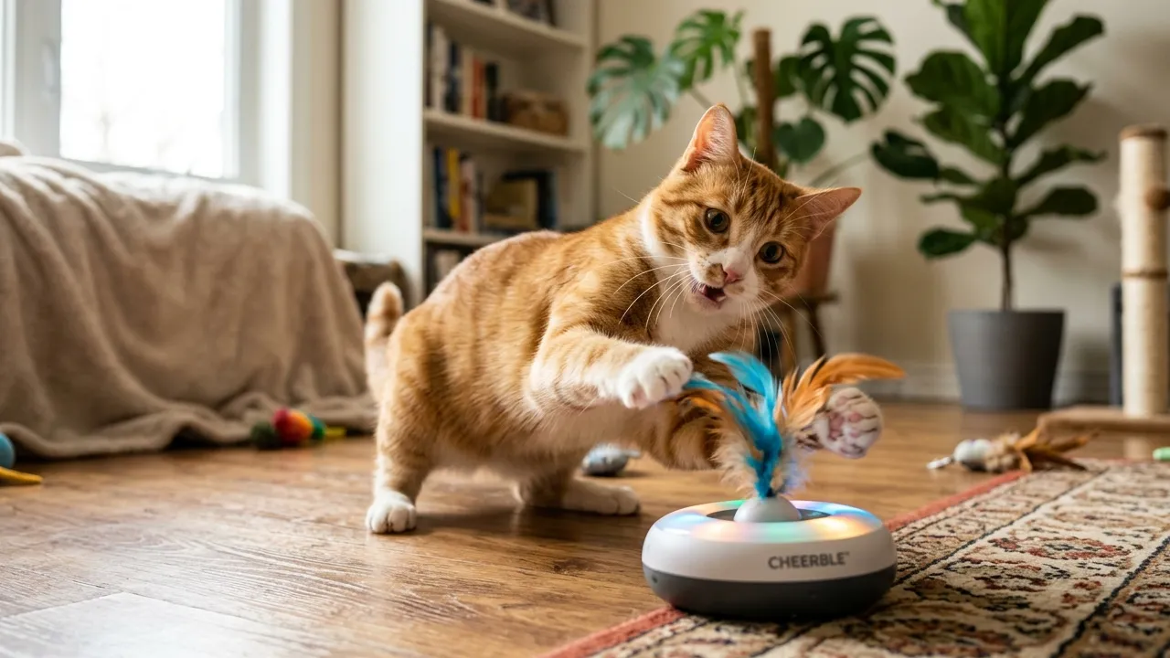 Gato brincando com brinquedo interativo e feliz
