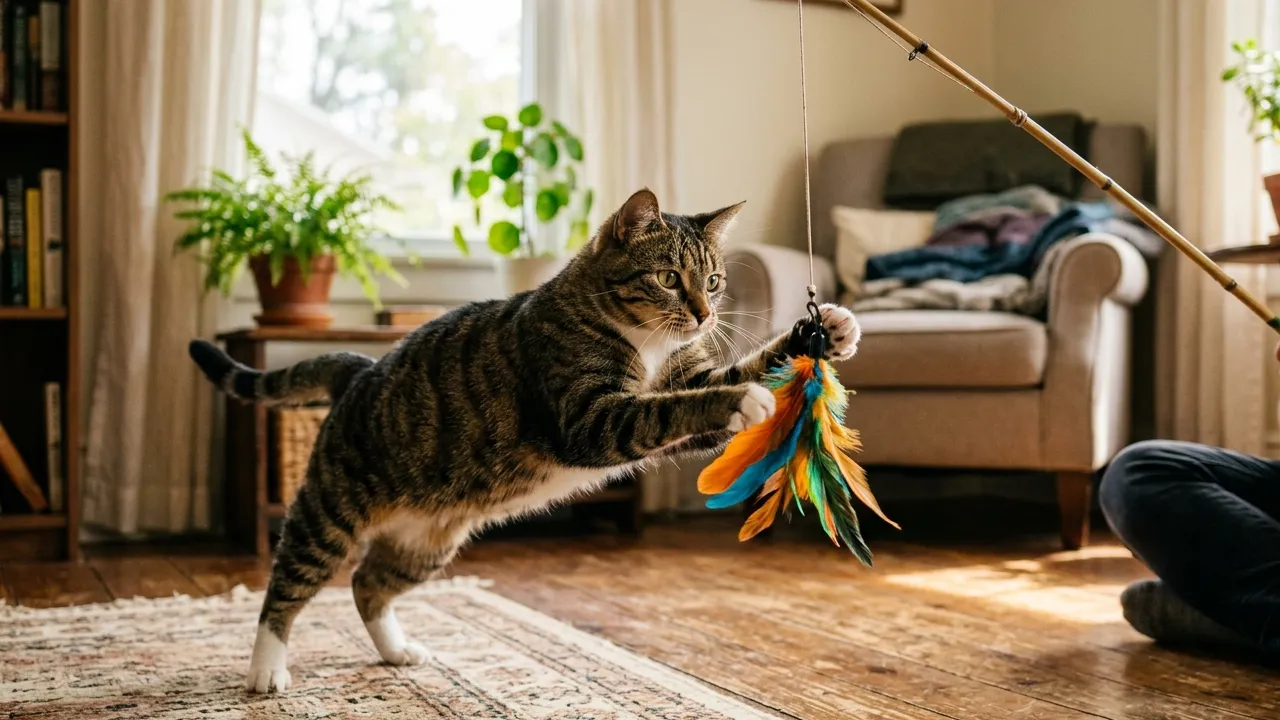 Gato brincando com vara de pesca, estimulando instintos de caça