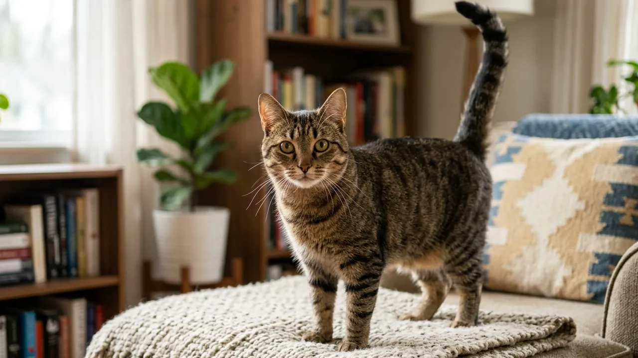 Gato feliz com cauda ereta em ambiente acolhedor