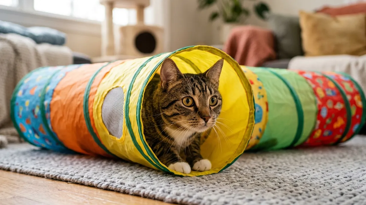 Gato explorando túnel de brinquedo, estimulando a curiosidade e habilidades de caça