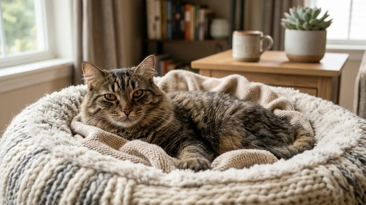 Gato relaxando em cama aconchegante