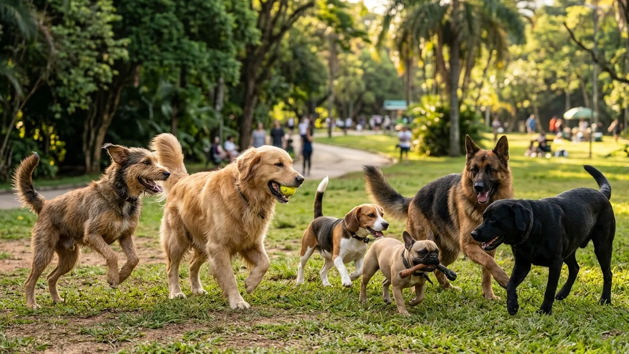 Grupo de cães brincando no parque, mostrando diversidade e alegria durante o treinamento e socialização.