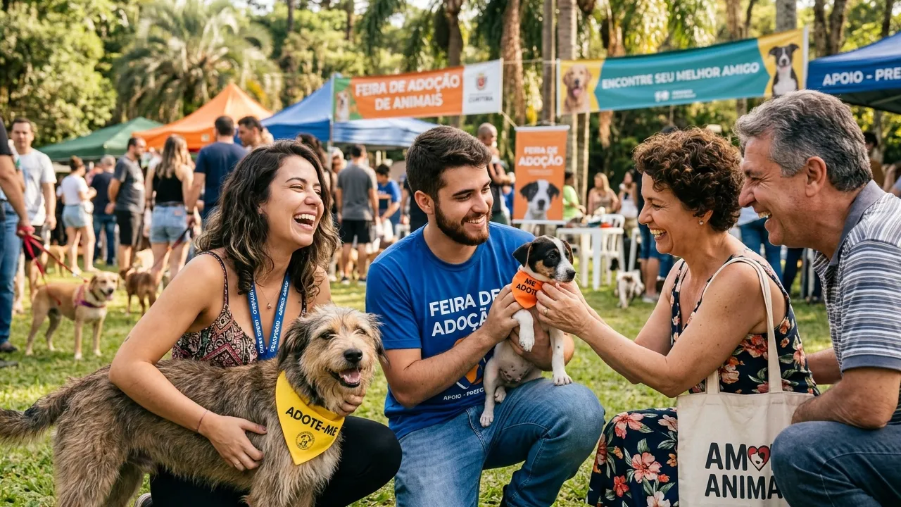 Evento de adoção de animais mostrando a felicidade de novos tutores e seus cães