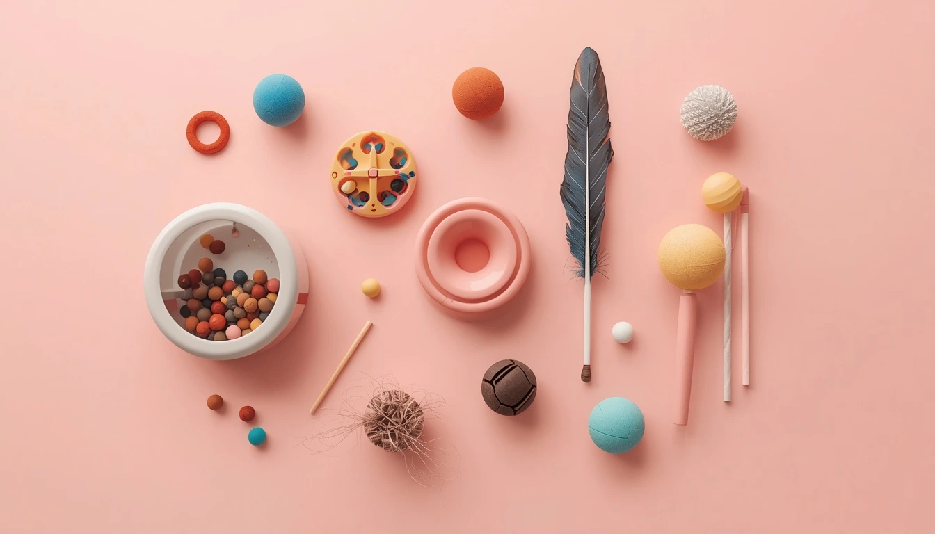 Coleção moderna de brinquedos para gatos, incluindo comedouros e acessórios de estímulo mental.