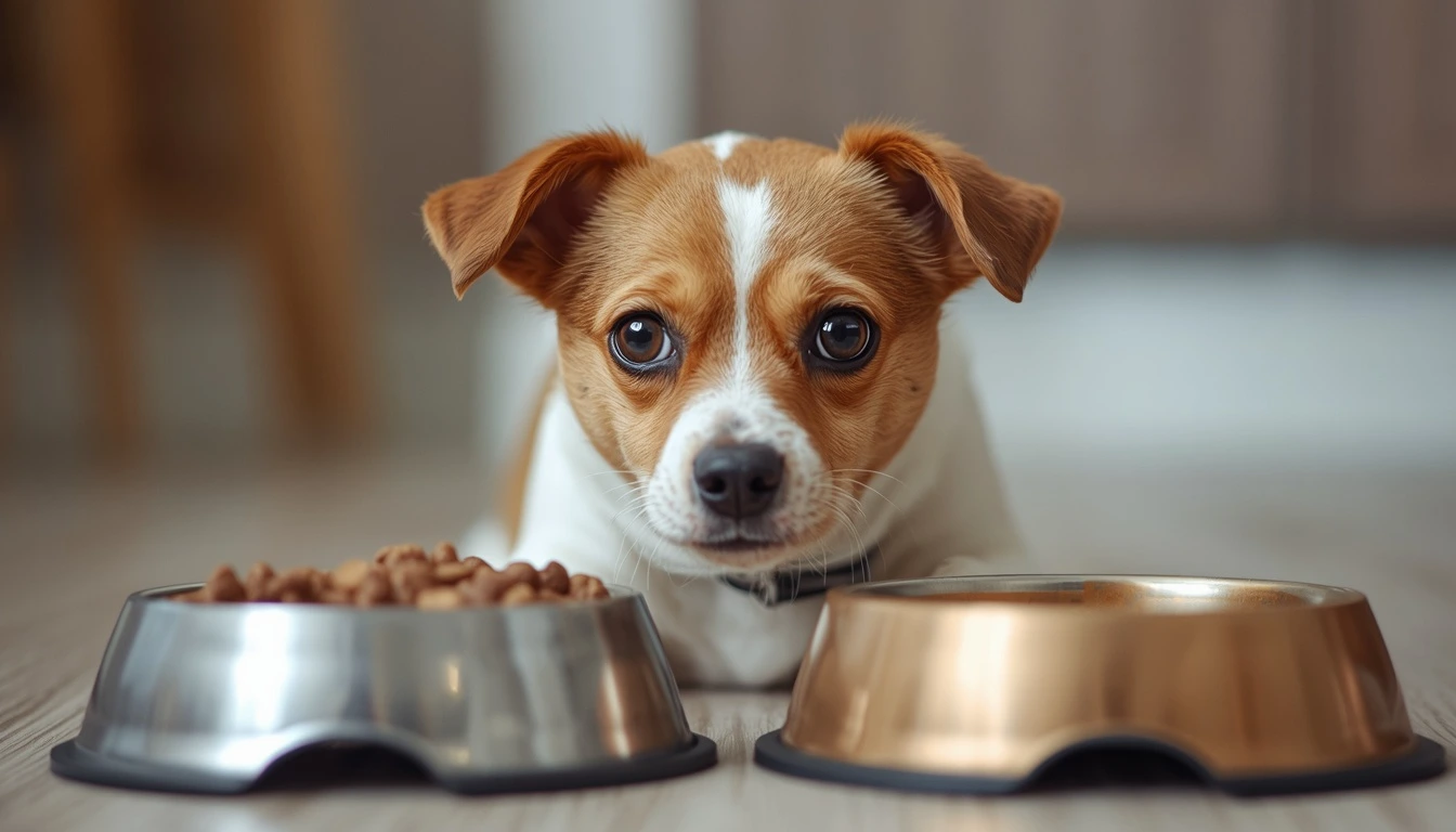 Cachorro curioso observando opções de ração seca e úmida.