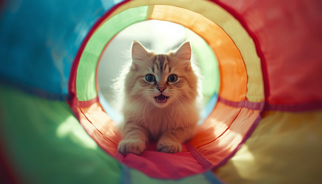 Gato fofinho explorando um túnel de brincidades em uma sala iluminada.