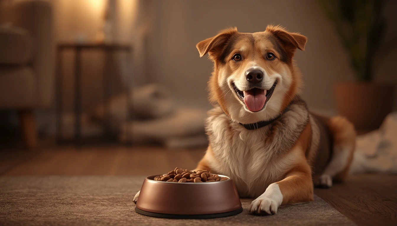 Cachorro saudável sentado próximo a comedouro com ração de qualidade.