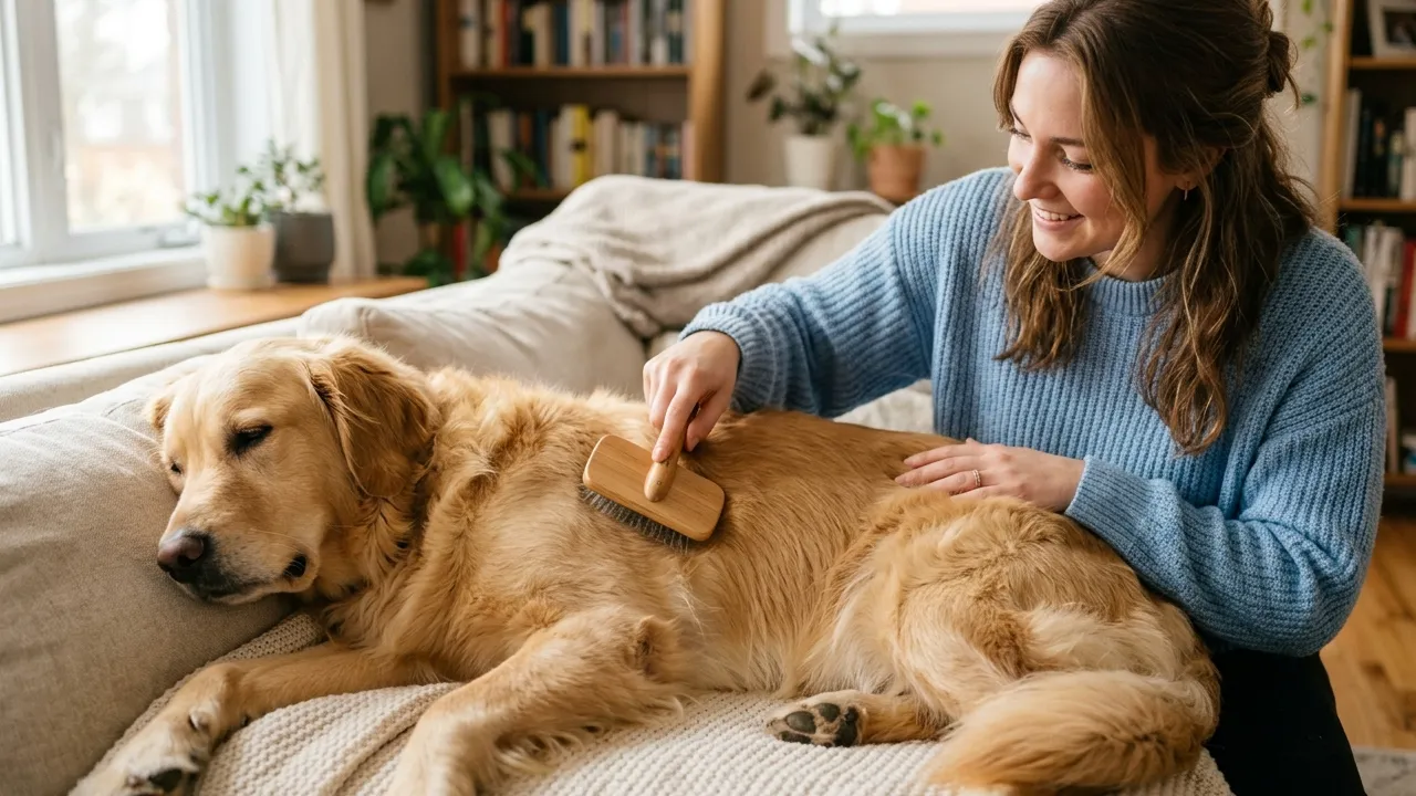 Cão sendo escovado após banho seco, mostrando conforto e cuidado