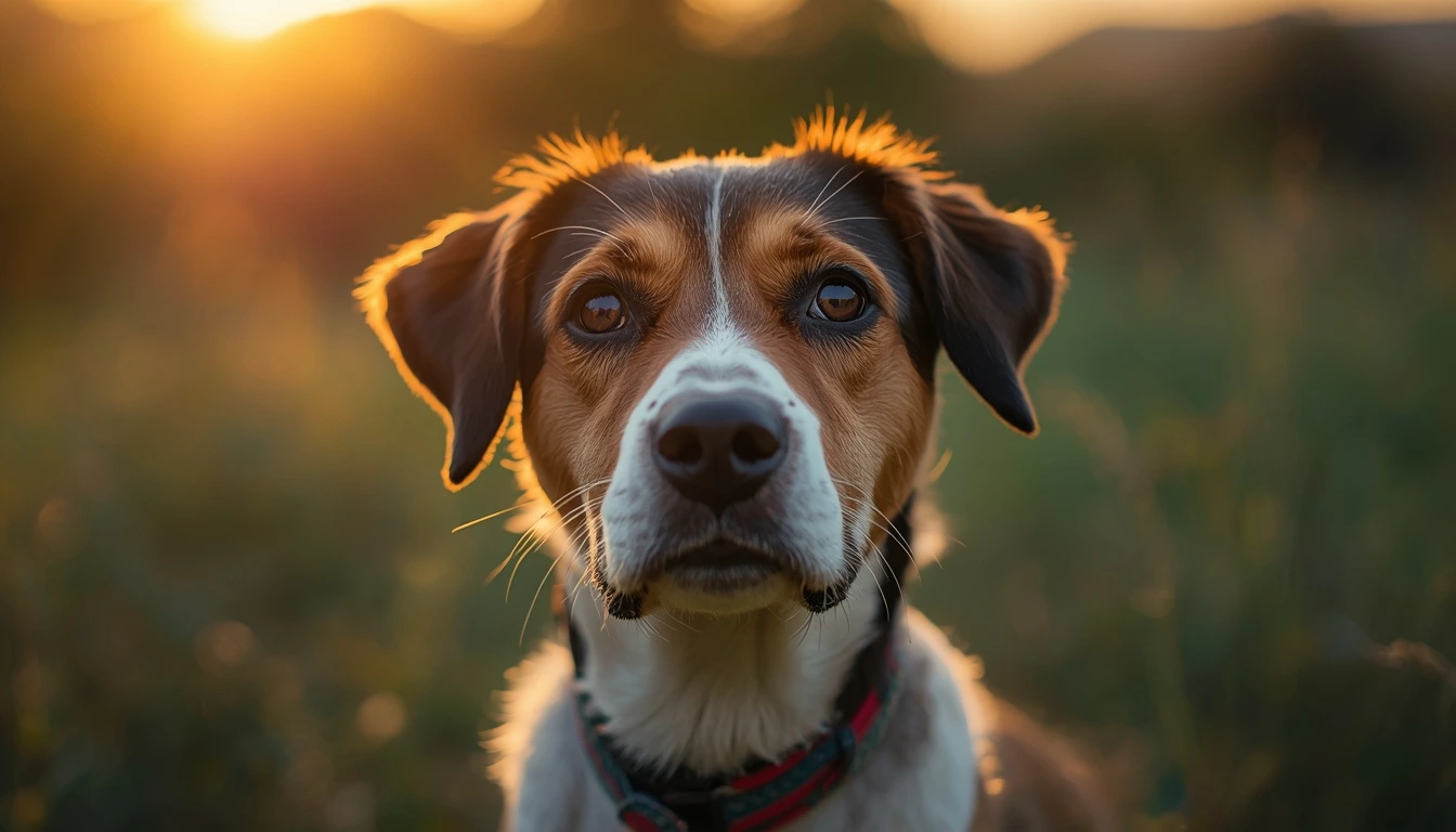 Cão curioso em um ambiente externo bonito, iluminado pelo golden hour