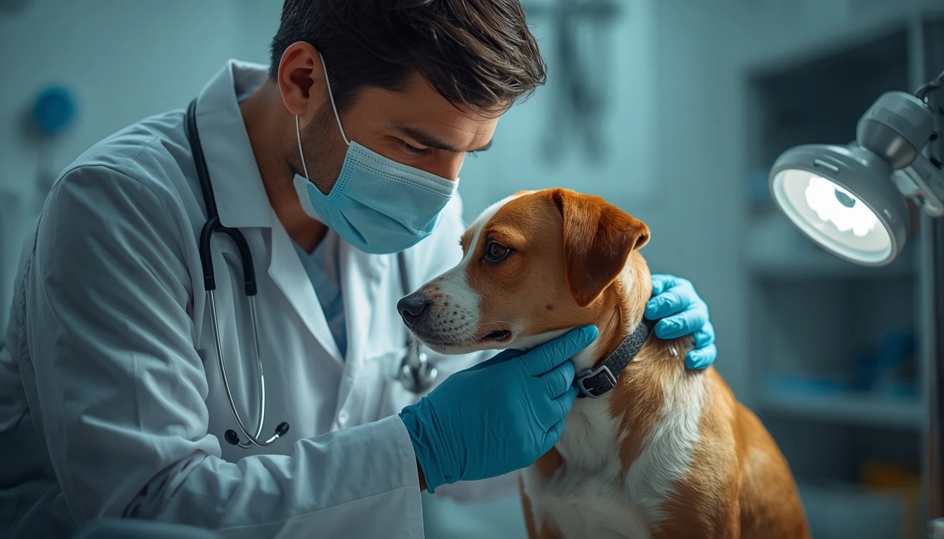 Veterinário cuidando de um cão, com atenção aos detalhes e ambiente seguro