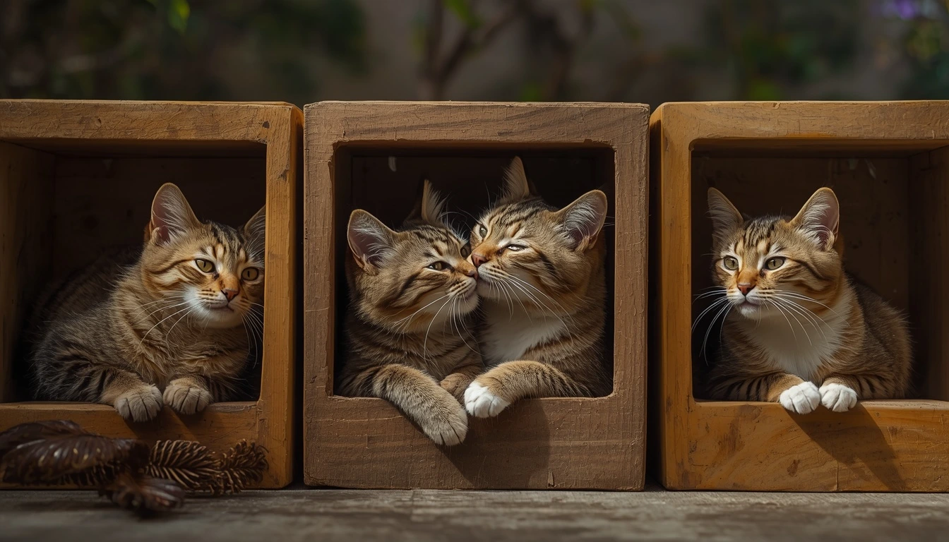 Gatos brincando em várias caixas, ilustrando a socialização e a diversão dos felinos