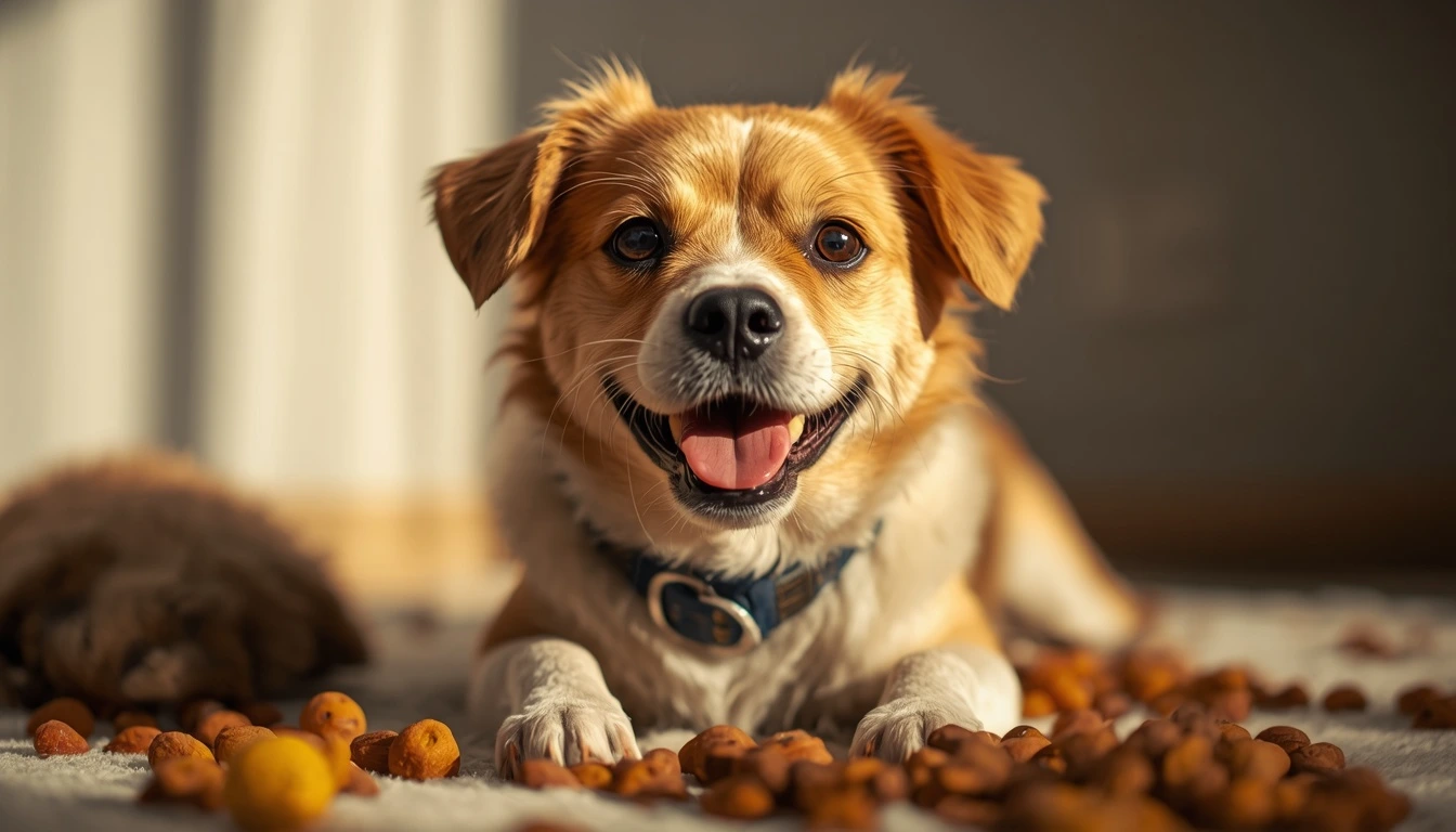 Cão feliz cercado por alimentos saudáveis, como cenouras e maçãs, em um ambiente seguro