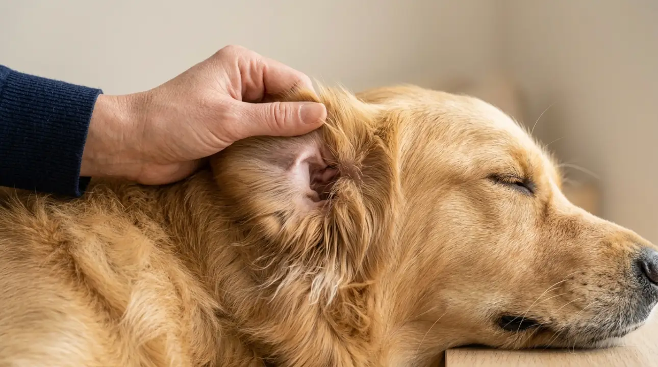 Mostrando a orelha limpa do cachorro que recebe uma massagem