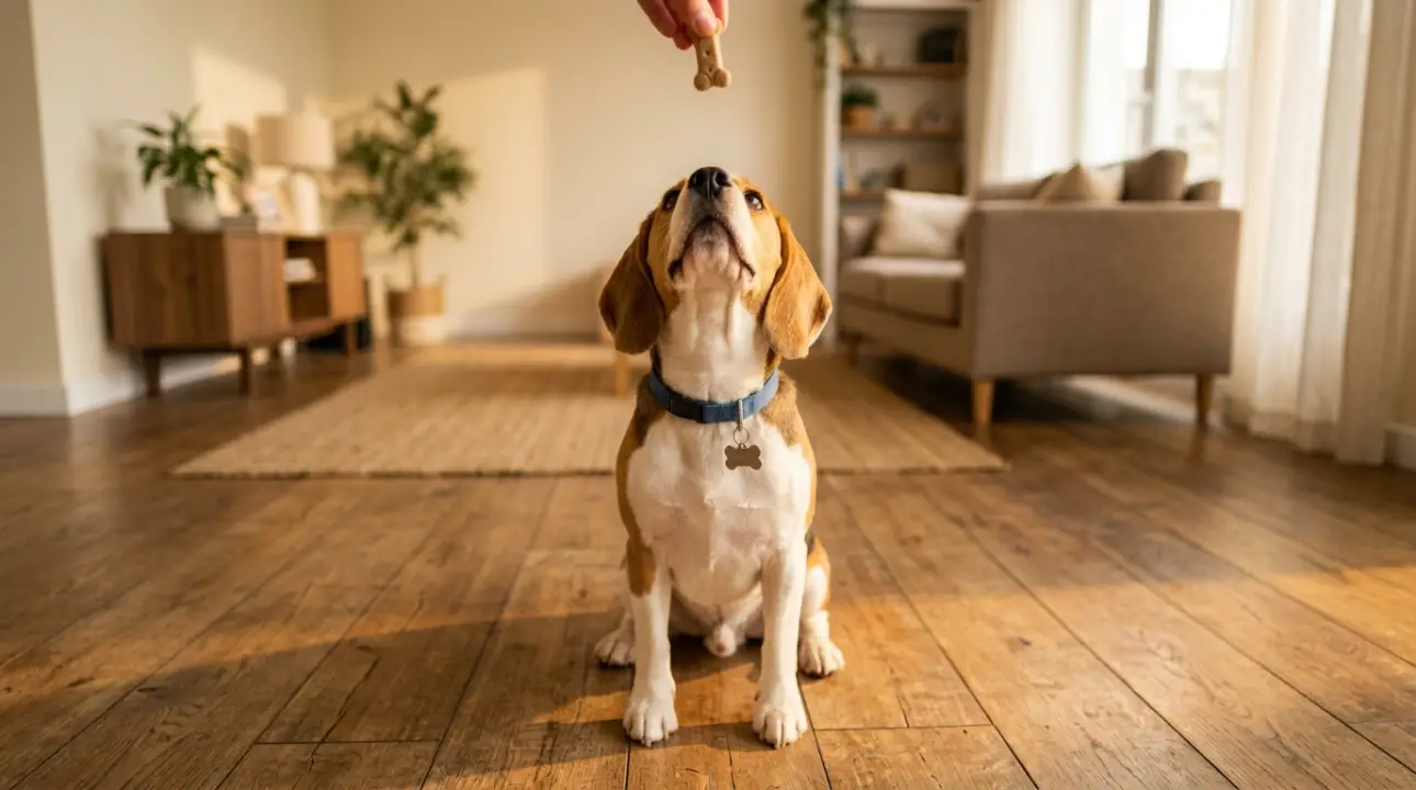 Cãozinho esperando atento a sua recompensa o seu petisco prometido