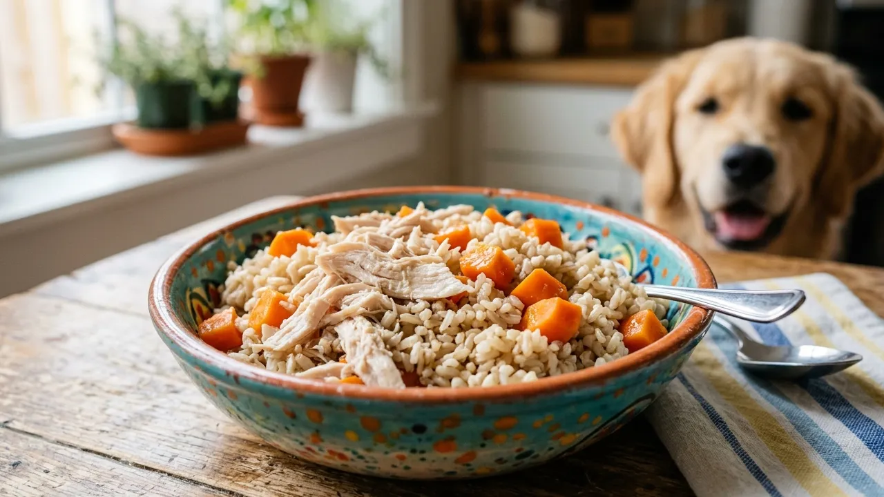 Refeição saudável para cães com frango, arroz e cenouras