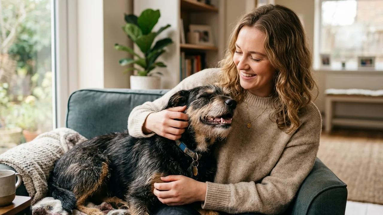 Tutor cuidando de um cão adotado, destacando a relação especial entre eles