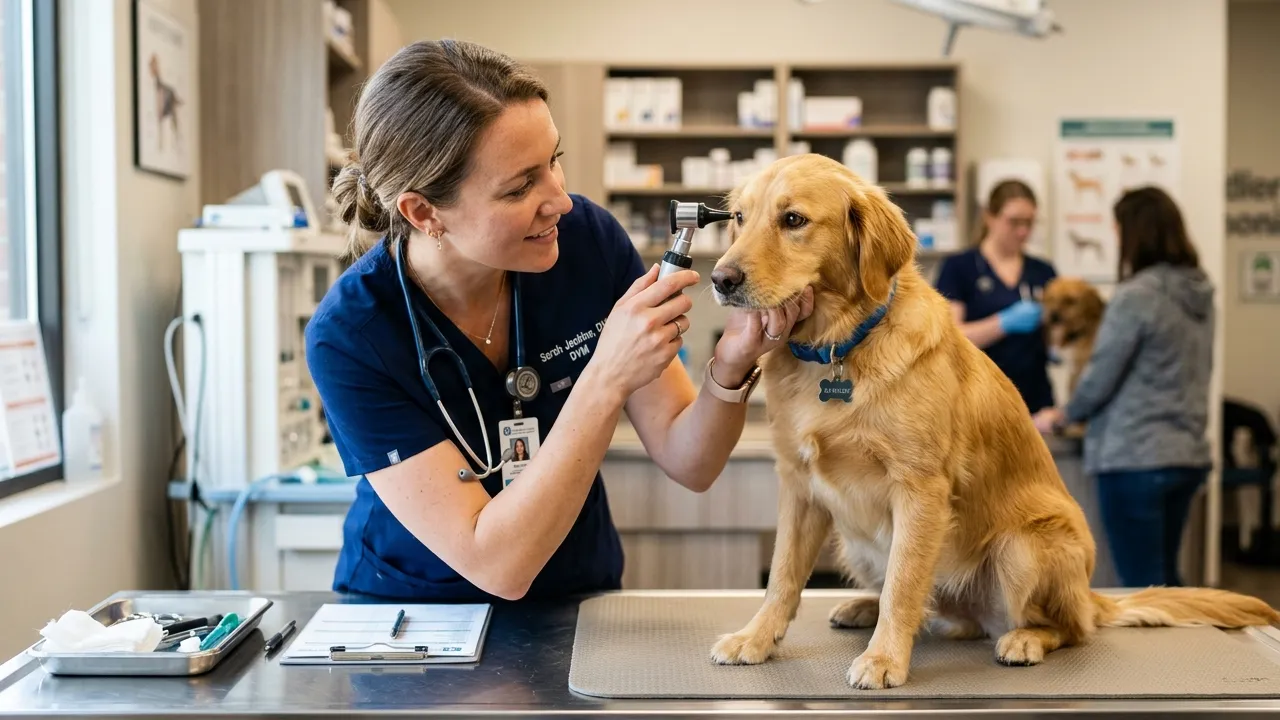 Veterinário examinando um cão, simbolizando a importância dos cuidados de saúde e vacinação.