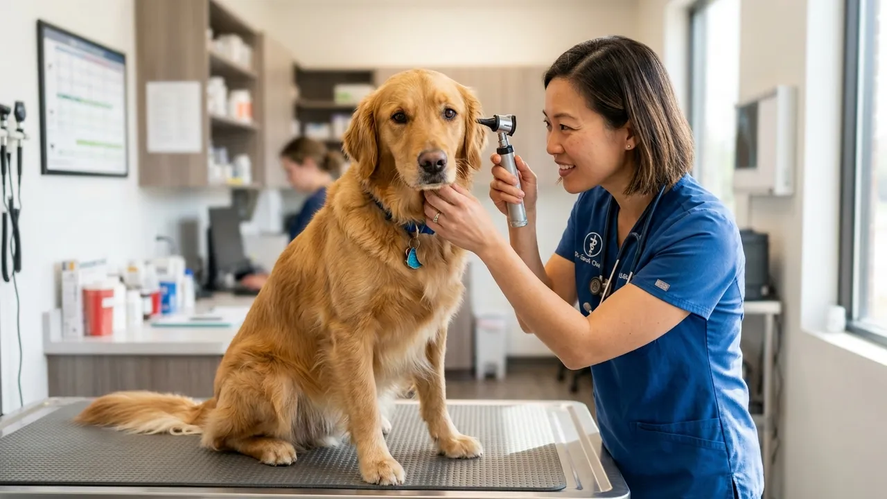 Veterinário examinando cão, representando a importância de consultas regulares