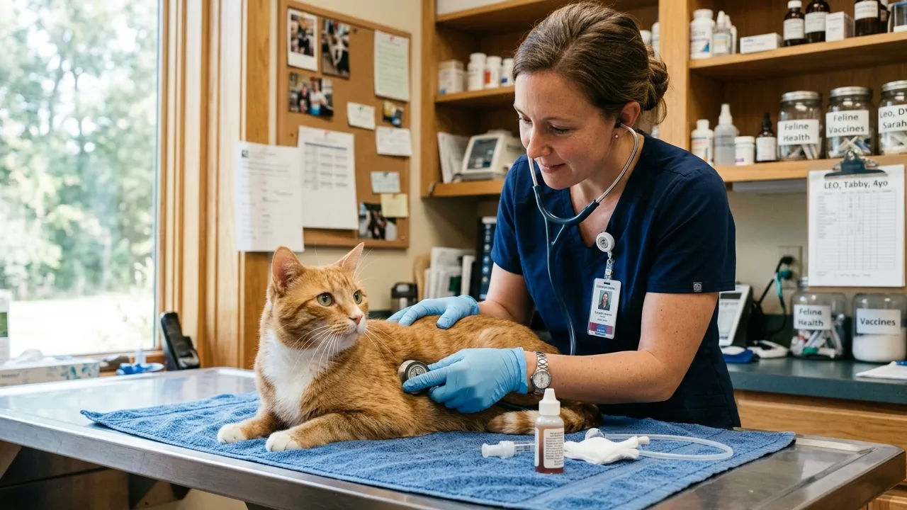 Veterinário examinando um gato, ressaltando a importância da saúde no treinamento de caça