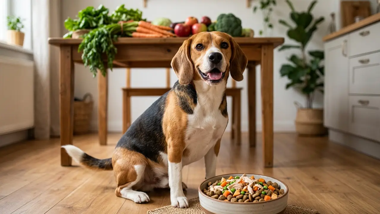 Cachorro Beagle feliz em frente a uma tigela de ração balanceada em um ambiente doméstico acolhedor.
