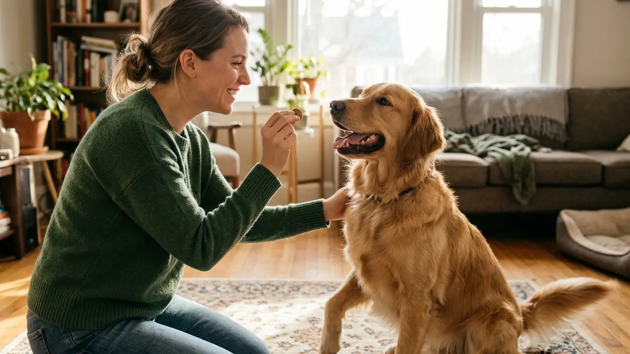 Cachorro Golden Retriever recebendo um petisco após executar um truque, simbolizando o reforço positivo no treinamento.