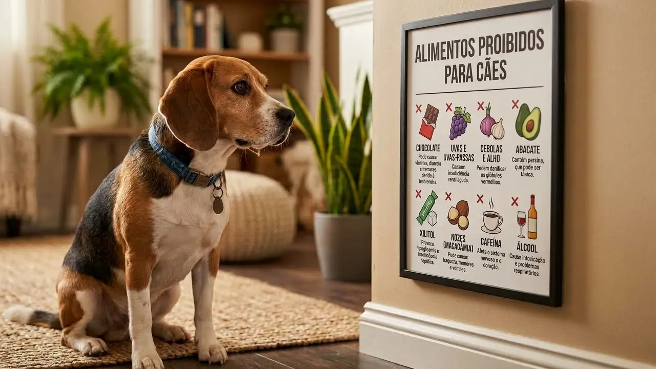 Cão ao lado de uma tabela informativa sobre alimentos perigosos para cães