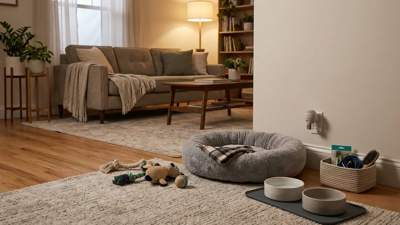 Canto acolhedor em uma sala de estar preparado para um novo pet, com cama confortável, bebedouro e um difusor de feromônios.