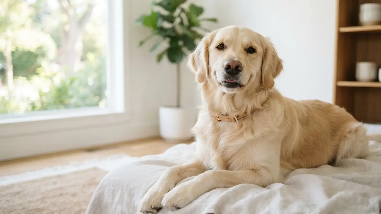 Cão relaxado em ambiente limpo, simbolizando prevenção de alergias