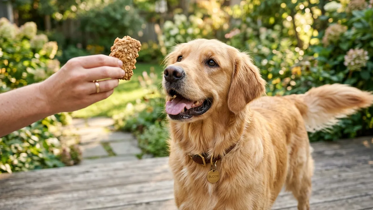 Cão recebendo um petisco adequado para cães