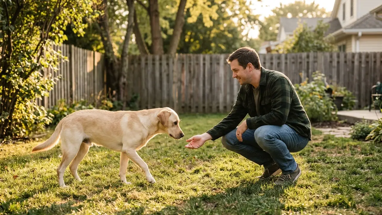 Dono agachado interagindo gentilmente com um Labrador Retriever em um quintal, representando o primeiro encontro entre eles.