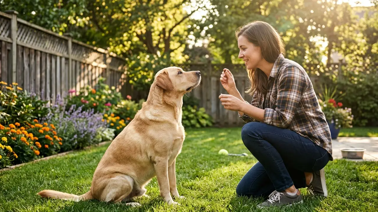 Dono ensinando truques a um cachorro Labrador em um quintal ensolarado, enfatizando a interação e o aprendizado.