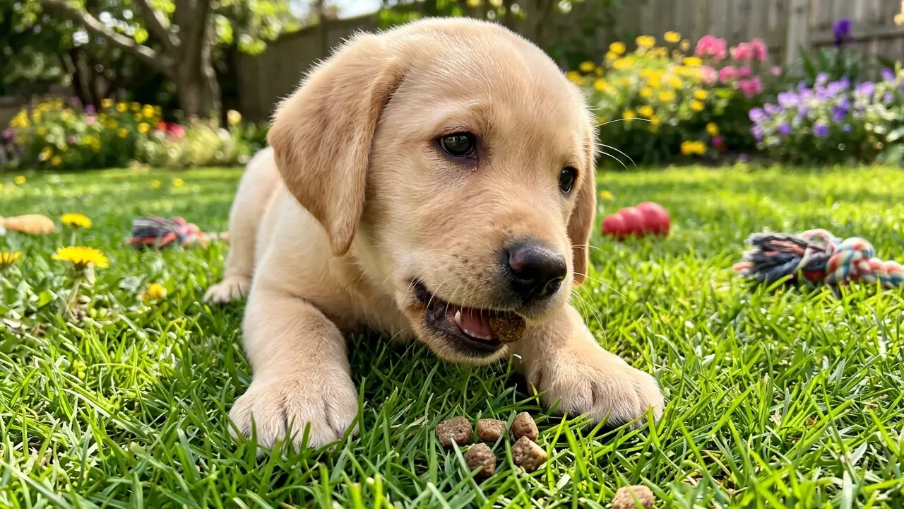 Filhote de Labrador brincando no gramado enquanto mastiga um croquete pequeno de ração para filhotes.