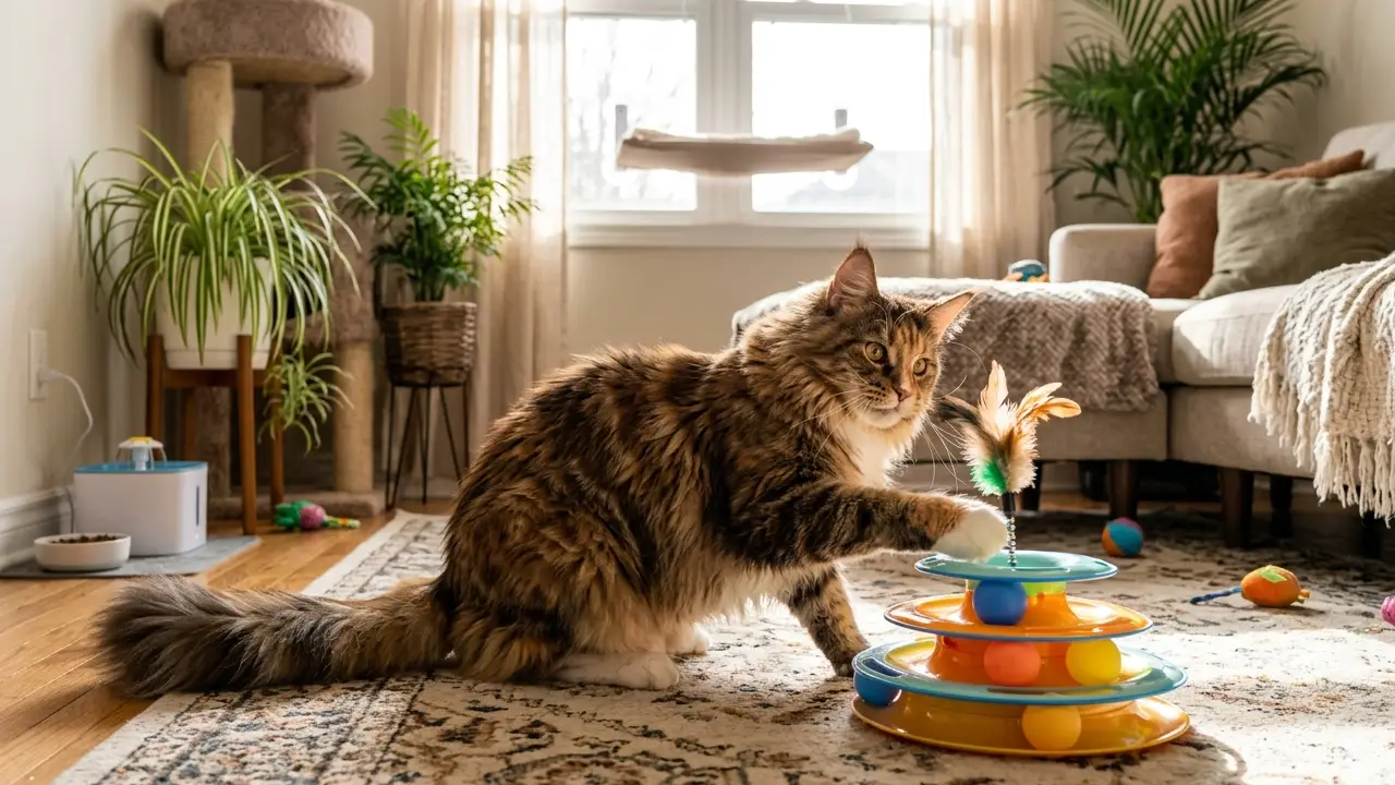 Gata Maine Coon brincando alegremente com um brinquedo interativo em um ambiente doméstico iluminado.