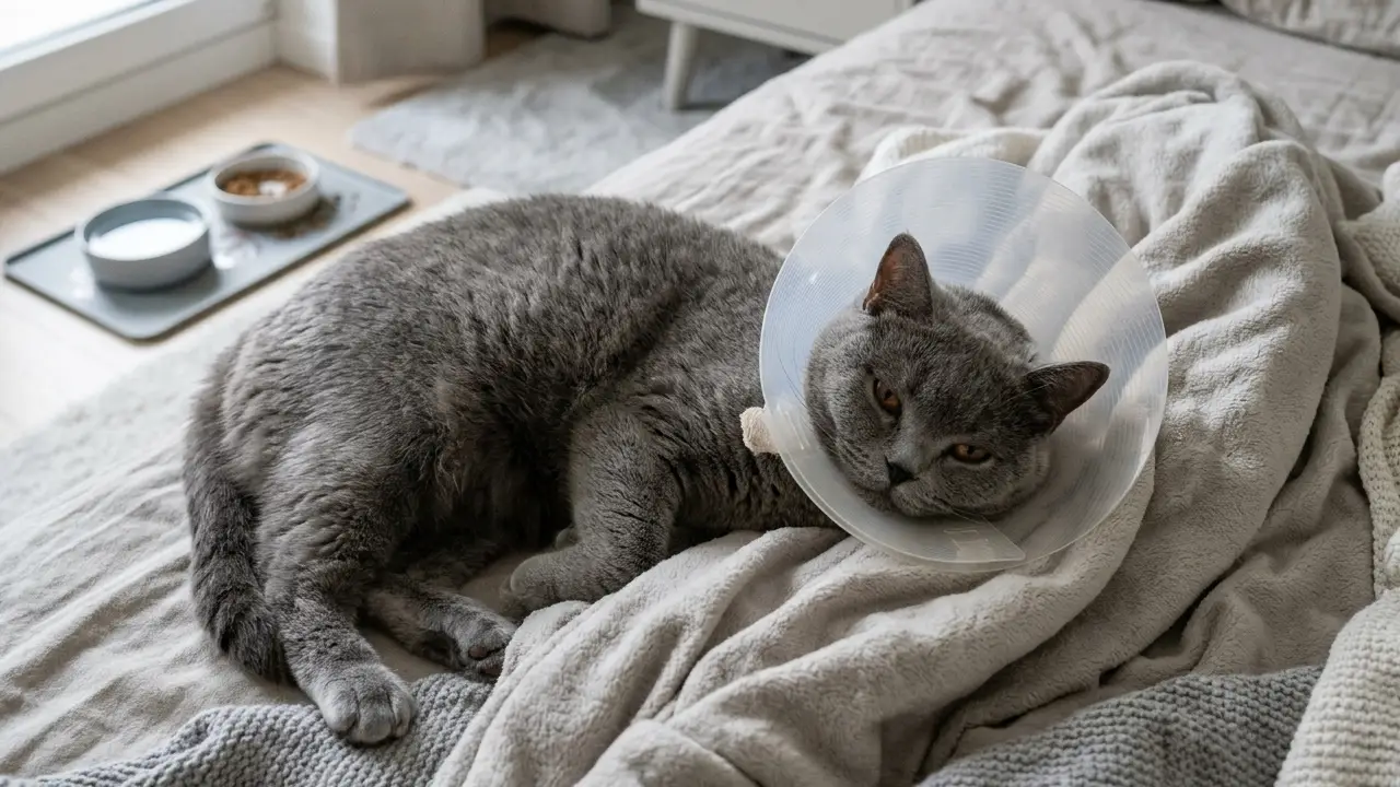 Gato British Shorthair relaxando em uma cama confortável, usando um colar elizabetano em um ambiente tranquilo.