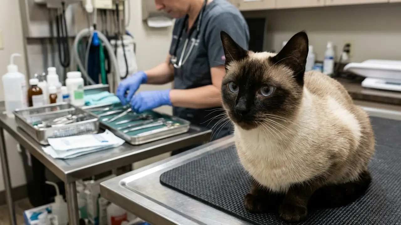 Gato Siamês em mesa de exame veterinário, preparado para a esterilização com instrumentos cirúrgicos ao fundo.