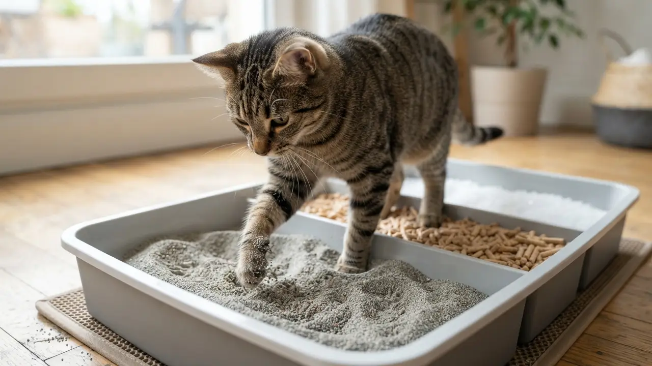 Gato explorando tipos de areia em caixa de areia