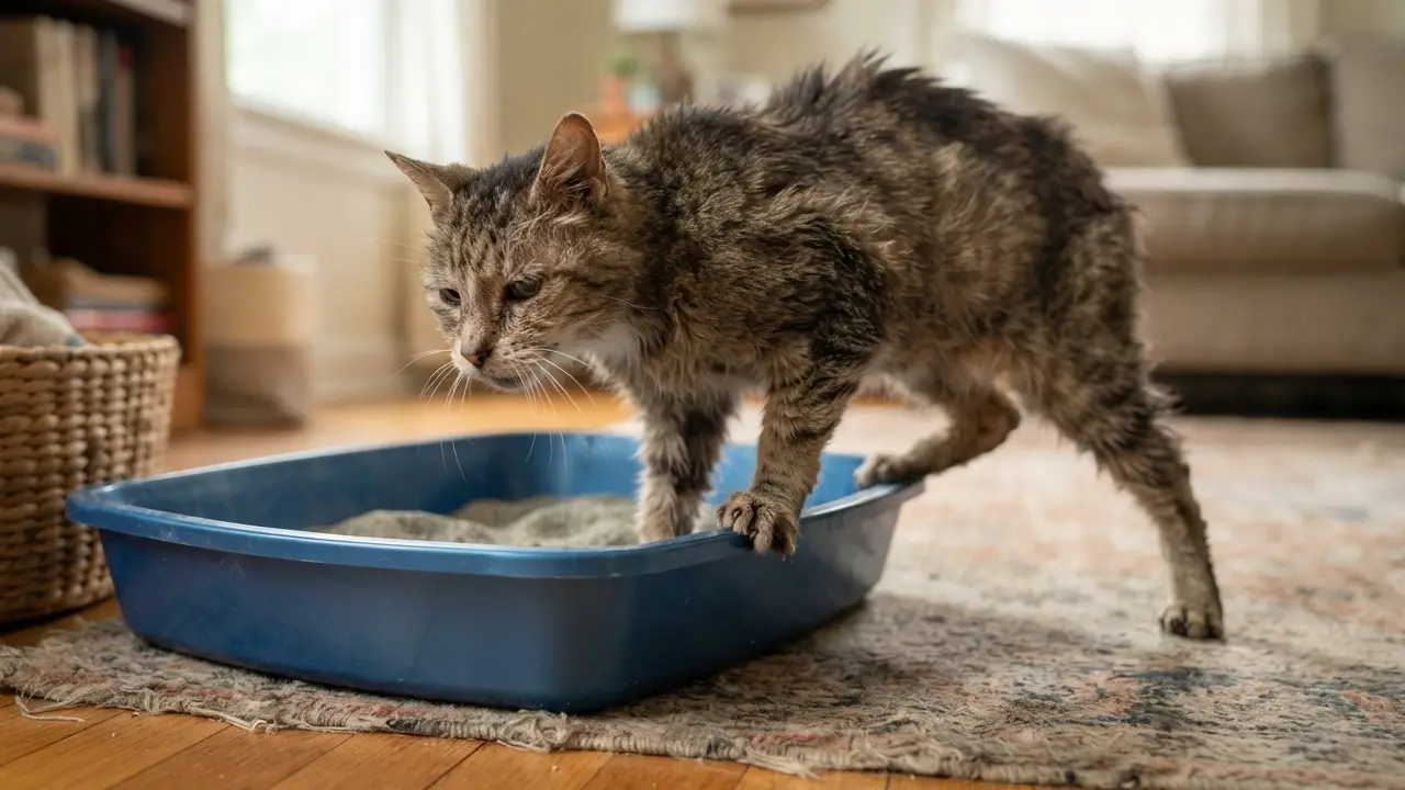 Gato idoso com dificuldade para usar a caixa de areia