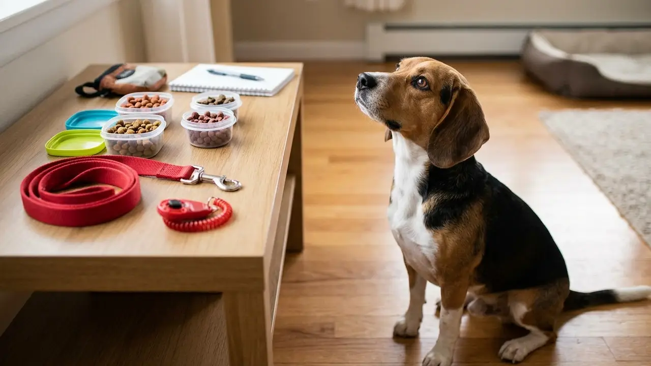 Mesa de treinamento com petiscos, coleira e clicker, com um Beagle curioso ao lado, representando a preparação para o treinamento.