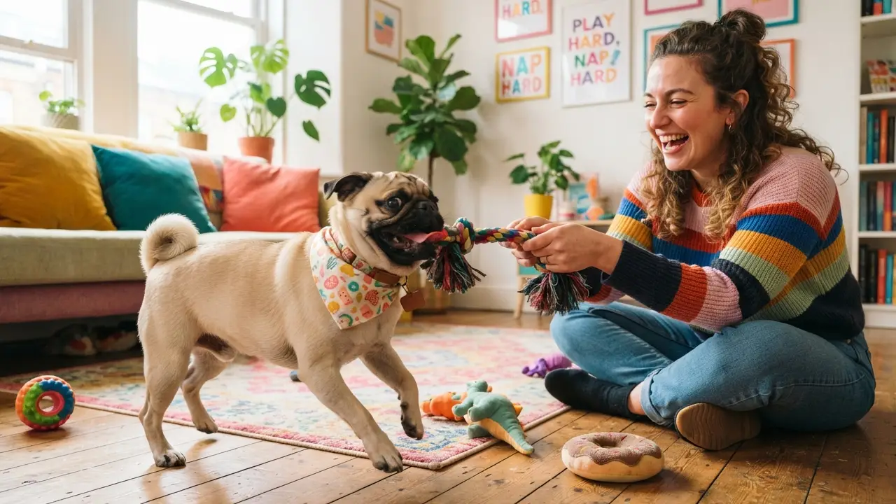 Pug brincando em apartamento, mostrando a importância da atividade física