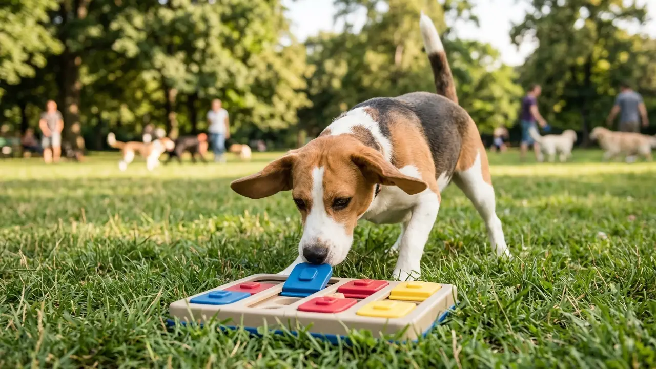 Um Beagle curioso explorando um brinquedo de esconde-esconde em um parque ensolarado.
