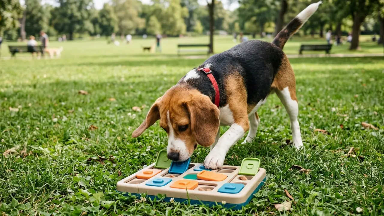 Um Beagle curioso explorando um brinquedo de esconde-esconde em um parque ensolarado.
